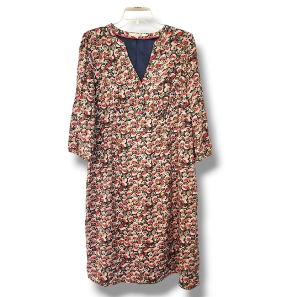 Boden floral pink and brown v-neck sheath midi dress 10L